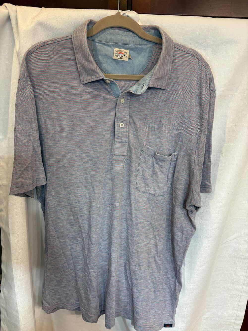 Faherty Men's Polo Shirt Blue Pink Stripe Pocket Size XL
